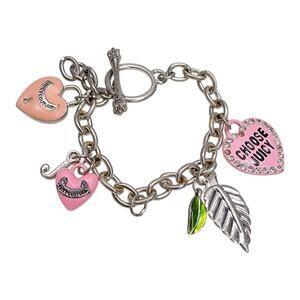 Vintage Juicy Couture Choose Juicy Heart Charm Bracelet Silver Tone Toggle Y2K